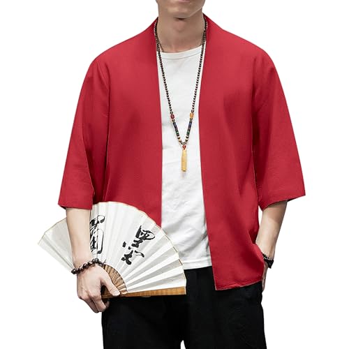 Image of PRIJOUHE Men's Kimono Jackets Cardigan Lightweight Casual Cotton Blends Linen Seven Sleeves Open Front Coat Outwear