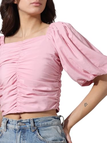 Image of ONLY Women's Cotton Solid Slim Fit T-Shirt