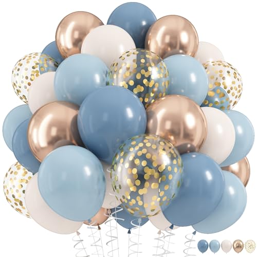 Image of Dusty Blue Balloon Set, 60Pcs 12 Inch Slate Muted Baby Blue Fog Pastel Light Blue White Sand Balloon with Metallic Confetti Champagne Gold Balloons for Boy Birthday Party Baby Bridal Shower Decortaion