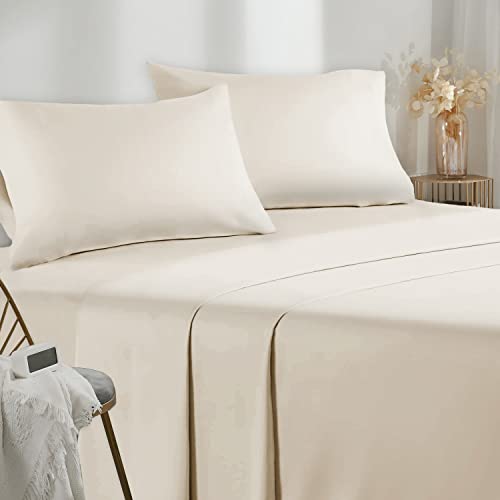 Poligino Sabanas Cama 150 - Juego Sábanas 4 Piezas - Sábanas Bajera Ajustable - Encimera - 2 Funda de Almohada 50x80 (Cama 150-150x190/200 cm, Beige)