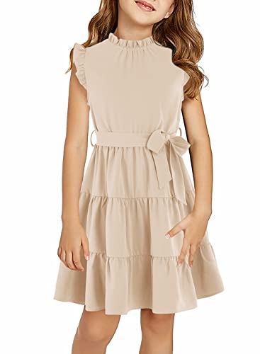 Geckatte Girls Dresses Casual Ruffle Sleeve Plain Tiered Pleated Party Midi Dress with Belt 4-15 Years
