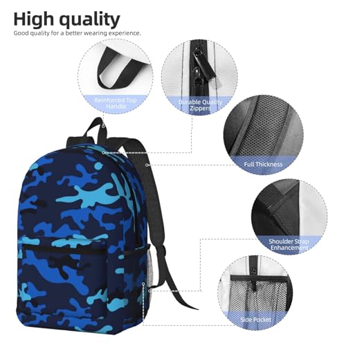 Camouflage Blue Camo Fashionable Daypack 17 Inches Zippers Backpack Double Shoulder Bag for Women Men3