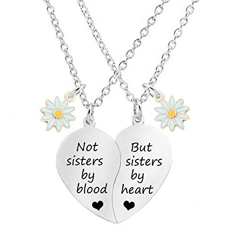 MJARTORIA BFF Necklace for 2-Split Valentine Heart Necklace Best Friends Not Sisters by Blood Daisy Pendant Friendship Necklace Set of 2 Gifts for Her (Silver-Not Sisters by Blood-Daisy)