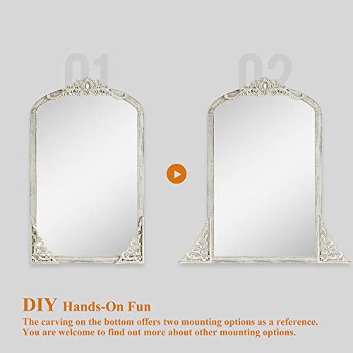 Neutype Arched Wall Mirror Vintage Carved Mirror Solid Wood Frame Wall-Mounted Mirror For Home Decor Bathroom Entryways Living Rooms Dressing Mirror, Retro White, 36"X 24" #TOP5