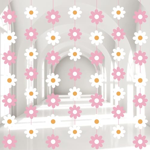 Image of Pasimy 8 Pcs Daisy Boho Party Decorations Groovy Daisy Paper Garlands White Flower Hanging Garland Banner Hippie Flower Cutouts for Birthday Shower Wedding Party Favor Supplies(Fashion,Pink)