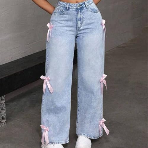 Girls Bow Jeans High Waisted Wide Leg Baggy Denim Pants – Cute Y2K Streetwear Trousers with Pockets for 6-16Y2