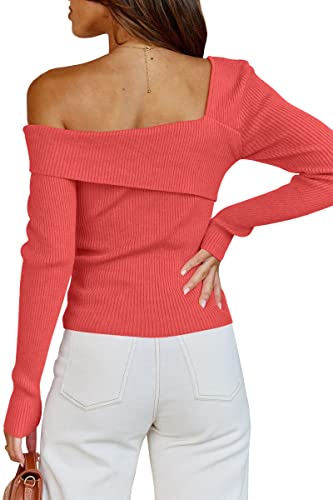 Image of LILLUSORY Womens Off the Shoulder Sweaters Going Out Fall Top | Flattering Ribbed Knit Bodycon Pullover for Date Night,Chic Asymmetric Neckline,Stretchy Holiday Party Clubwear Clothes