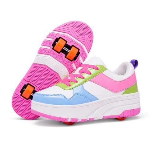 Mateju Zapatos con Ruedas para Niños y Niñas, Patines 2 en 1 Multiusos con 4 Ruedas Desmontable, Moda Casuales Zapatillas de Skateboarding Calzado Deportivas al Aire Libre (Colores dopamina,33)