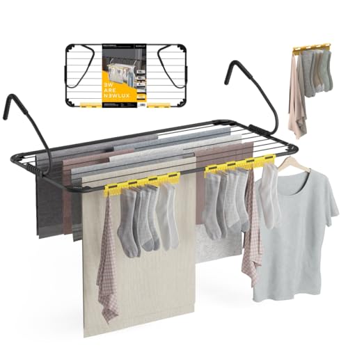 Newlux - Tendedero Balcón XXL Horizon V14 de Metal (107x55.5x28cm). Tendedero barandilla Plegable con Capacidad 14M y Resistencia 10kg. Accesorio Calcetines. Ideal Interiores y Exteriores, Negro