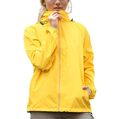 Chaquetas Informales de para Mujer, Abrigo de Bolsillo con Abertura y Cremallera de Manga Larga con Capucha Desmontable para Exteriores (Yellow, XXL)