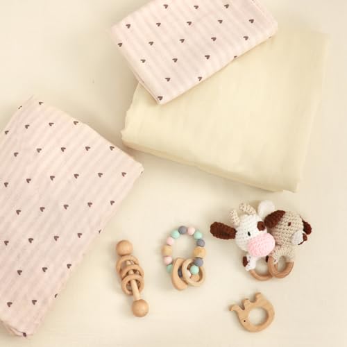 Image of Hooyax Muslin Toddler Bedding Set for Girls - 3 Piece Crib & Kids Bed Set with Fitted Sheet, Quilt and Pillowcase, Breathable & Soft Bedding with Romantic Heart Print