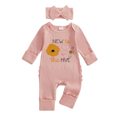 Image of New to the Hive Newborn Outfit Bee Long Sleeve Romper Jumpsuit Coming Home Newborn Girl Outfits Clothes Fall Winter