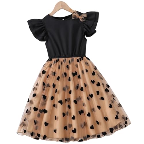 Image of Girls Black & Beige Heart Print Party Dress | Flutter Sleeve Top with Tulle Skirt | Kids Elegant Birthday & Festive Frock(DW-203)
