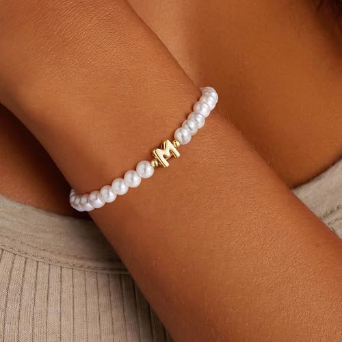 M MOOHAM Pearl Initial Bracelet for Women - Dainty Beaded Charm Bracelets for Women Trendy Charm Letter A-Z Personalized Pearl Jewelry Gifts2