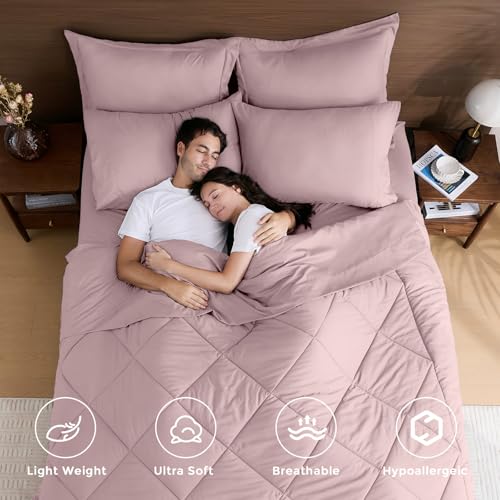 HEVUMYI Rose Gold Queen Comforter Set - 7-Piece All Season Bed in a Bag Queen, Ultra Soft Bedding Set with Comforter, Flat Sheet, Fitted Sheet, Pillowcases, Pillow Shams
