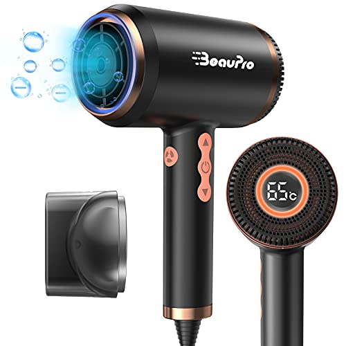 Hair Dryer, BeauPro 1500W Professional Negative Ionic Blow Dryer with LED Display & Three-Color Aperture, Stepless Temperature and Speed Regulation, UL Safety Plug, for Home Travel Hotel