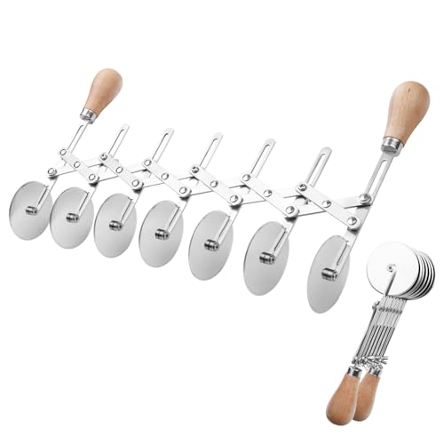 Foyucool Rueda Cortadora de Masa con Mango de Madera, Rodillo Cortador de Masa Multi-Ruedas, Anchura Ajustable, Acero Inoxidable de Grado Alimentario para Pizza, Pan y Pasteles (7 Ruedas)