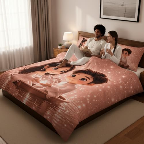 Image of Decor Well 7d Bedsheet for Double Bed King Size with 2 Pillow Covers, Polycotton 220 TC Super Soft & Breathable, Wrinkle Free New Peach Heart Printed Bedsheet Set (90x100 Inch)