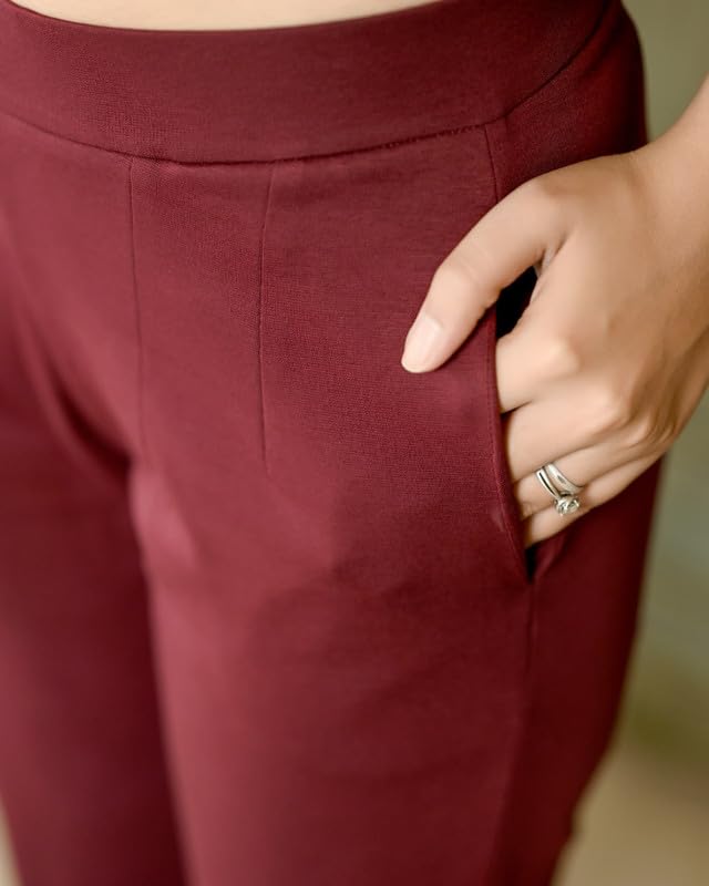 Image of Mlada Straight Fit Cigarette Pencil Pants Elastic Waist Band Mid High Waist Formal Office Trousers for Women, Pockets for Travel Stretch Cotton Knit Full Length Regular /Plus Size