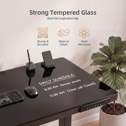 Image of INNOVAR 40 inch Small Glass Standing Desk with Drawers & USB Ports, Whole-Piece Glass Top Adjustable Height Desks, Quick-Install Electric Sit-Stand Up Desk for Home Office & Computer Workstation, Black