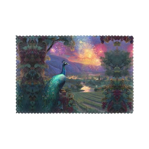 GGNKDL Peacock and Fireworks Pattern Placemats for Dining Table 6-Piece Set Table mat 12x18 in for Kitchen Dining Decoration Washable Easy to Clean