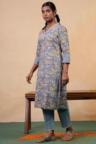 Image of Folksong Women's Opal Blue Cotton Straight-Fit Floral Hand Block Printed Kurta
