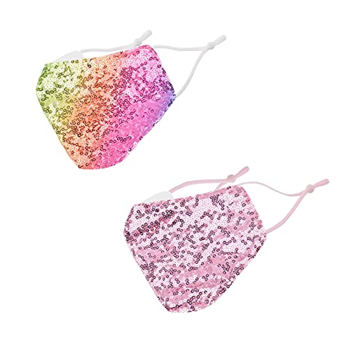 Sparkly Glitter Face Mask Bling Bling Sequin Mask Masquerade Mask for Women Kids,Adult Reusable Fashionable Bedazzled Face Masks with 4 Filter for Party Nighclub(2pcs-Gradient Color&Pink)