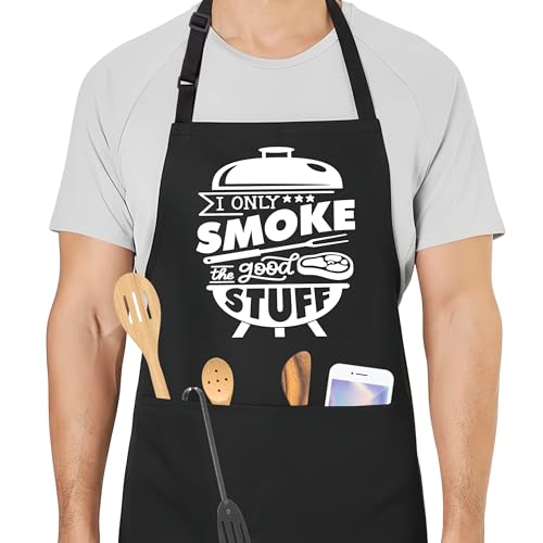 RYIGYWE BBQ Smoker Aprons for Men with 2 Pockets, Cooking Apron for Dad, Funny Meat Smoking Gifts, Adjustable Grilling Apron for Husband, Chef Kitchen Gifts for Birthday & Father’s Day - A28