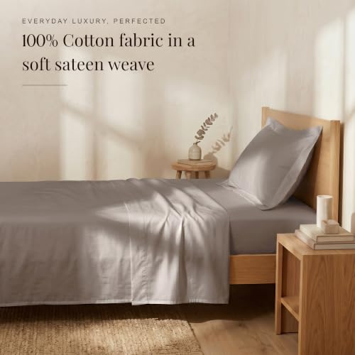 Image of Huesland Premium Pure Cotton Sateen Weave 300 Thread Count Bedsheet for Single Bed with 2 Pillow Covers | Perfect Greige | 88 x 55 inches