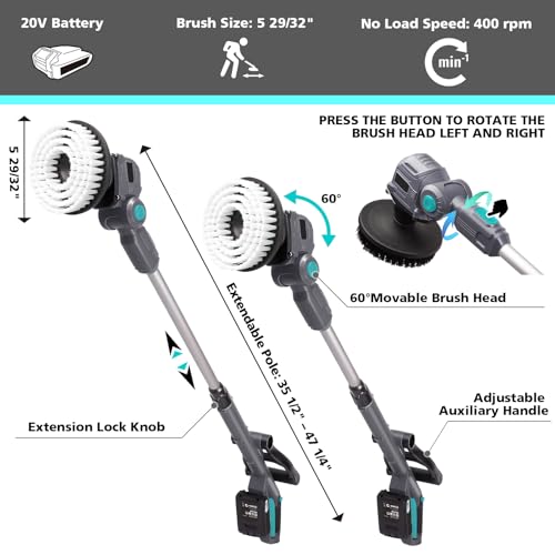 Image of 20V Cordless Spin Scrubber with Replaceable Battery, Electric Cleaning Brush with Long Handle & 8 Brush Heads for Outdoor, Bathroom, Tile, Grout, Shower, Bathtub