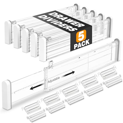 Image of HiYZ Expandable Drawer Dividers with Inserts - 2.36'' High Adjustable Drawer Organizers Separators for Kitchen, Bedroom, Dresser, Office, 5 Long Dividers(12.6-22.8'') with 10 Inserts(3.9-7.1'')-Clear