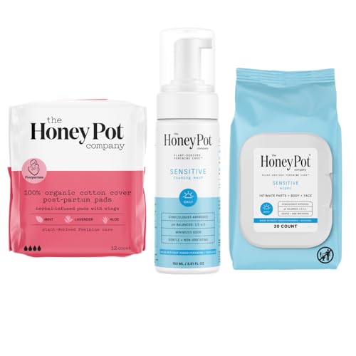 Image of The Honey Pot Company - Postpartum Pads, Sensitive Feminine Wash & Wipes Bundle - Herbal Infused & PH Balanced Natural Hygiene Feminine Products - Postpartum Essentials - Feminine Care