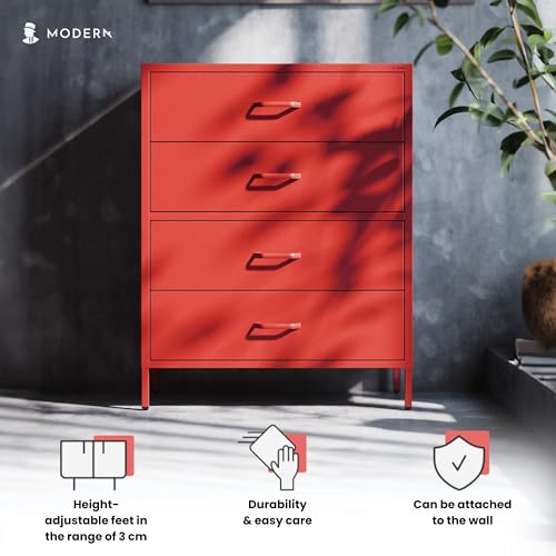 Jan Nowak Metall Kommode mit Schubladen - Carla Komodenschrank für Schlafzimmer Wohnzimmer Kinderzimmer Flur Schubladenschrank Industrial Loft Style Schubladenkommode Glitzernd 80 x 101,5 x 40 cm Rot