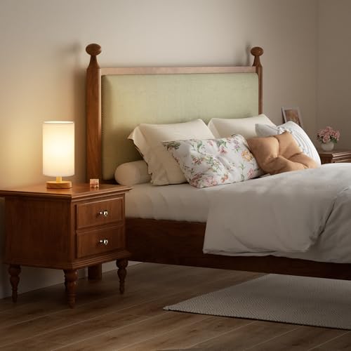 Image of Fenmzee Small Table Lamp for Bedroom - Inline Control, Bedside Lamp with 3000K A15 LED Blub, Easy Assembly (White Shade - Wood Base, 9 inch Inline Control)