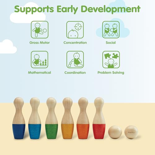 Image of PlanToys Bowling Set Wooden Montessori Gross Motor and Coordination Toy | Movement, Concentration and Early Math Learning Activity | Eco Friendly Indoor and Outdoor Bowling Game