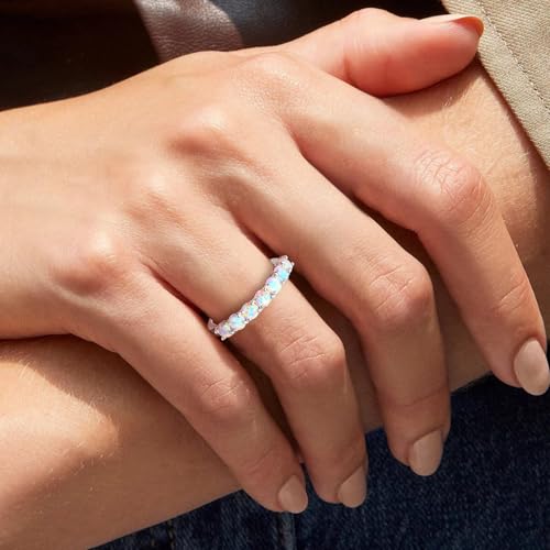 7 Stone 2mm Stackable Rings S925 Sterling Silver Created Birthstone & Cubic Zirconia Ring for Women Half Eternity Band Wedding Anniversary Ring Size 6 to 10(with Box)4