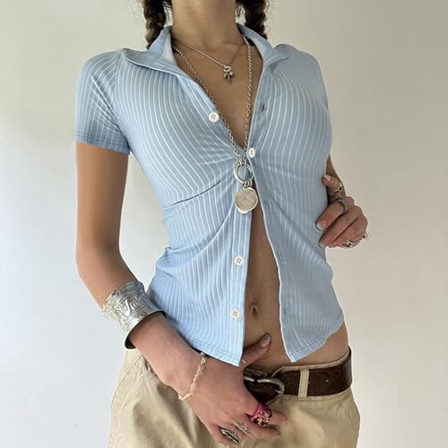 Women Y2k Short Sleeve Button Down Shirts Coquette V Neck Collared Crop Tops Vintage Slim Fit Going Out Blouse4