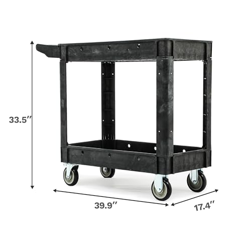 DWVO Utility Cart, 1000 lbs Capacity, 2 Shelf Heavy Duty Plastic Service Utility Cart on Wheels, Rolling Storage Work Carts Suitable for Warehouse, Garage, School & Office, Cleaning, Black - Thumbnail 2