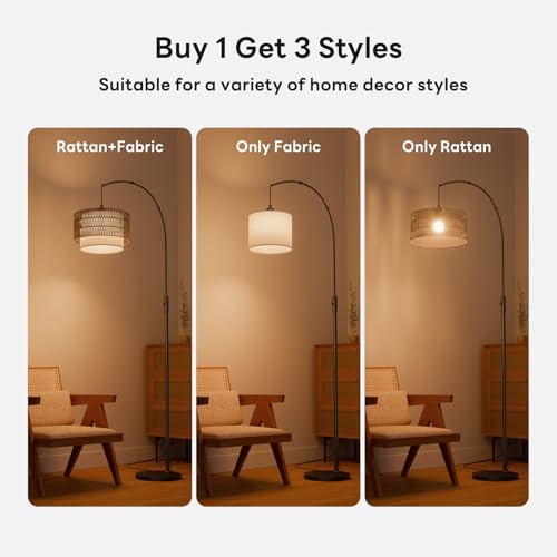 VARICART Boho Rattan Arc Floor Lamp, 71" RGB Color Changing LED Standing Lamp with Magnetic Remote, 3-in-1 Double Layer Shade, 1600K Amber Light & 4000K Daylight, 10W 1200lm 0.1%-100% Dimmable — view 2