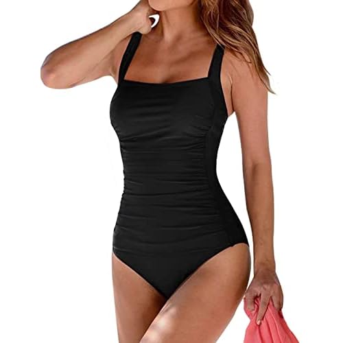 Brosloth Damen Badeanzug Tummy Control Monokinis Bauchweg Einteilige Bademode Swimwear Push Up Badeanzüge Plus Size Badebekleidung Farbe: Schwarz Groesse: M