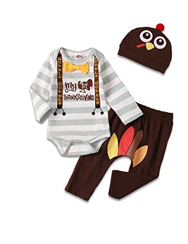 Image of Gavol My First Thanksgiving Outfit Baby Boy Striped Bodysuit with Bow Tie Turkey Pants with Hat Newborn Thanksgiving Set