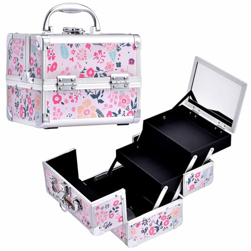 Joligrace Makeup Case for Girls Cosmetic Train Case Makeup Storage Box Jewelry Organizer Hair Accessories Lockable with Trays & Mirror Floral