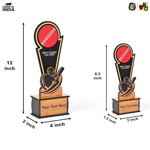 Image of GKD Wooden Cricket Trophy for Winners - Men's Cricket Cup Memento for Tournaments, Corporate Events & School Competitions | Self-Customizable with Stickers (Men 8.5 Inch)