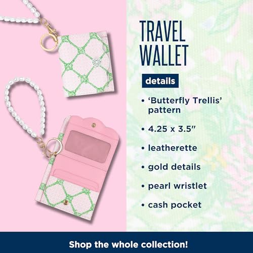 Image of Lilly Pulitzer Snap ID Card Case, Cute Keychain Wallet, Slim Credit Card Holder with Pearl Wristlet Strap, Butterfly Trellis