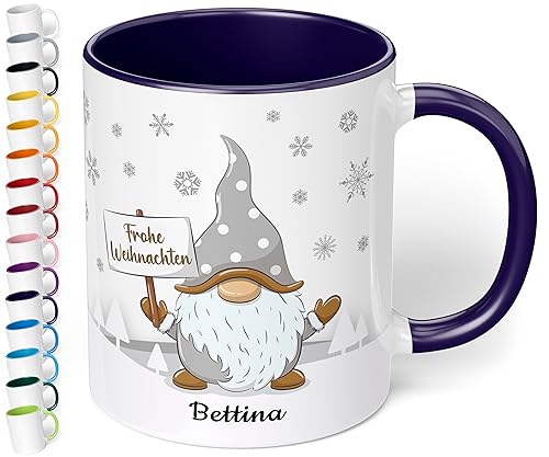 True Statements Weihnachtstasse mit Namen personalisiert „Frohe Weihnachten“ - mit Gold-Wichtel-Motiv - 330ml Keramik Kaffee-Becher mit Spruch – Geschenk zu Weihnachten (Kobaltblau)