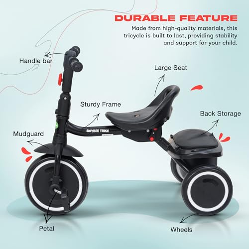 Baybee Trikidz 2 in 1 Baby Tricycle for Kids, Foldable Kids Cycle with Adjustable Seat, Back Rest & Storage Basket for Toys | Portable Baby Cycle Trikes | Tricycles for 2 to 5 Years (Black) - Image 3