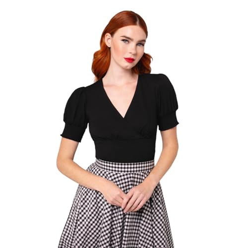 Hell Bunny Chemisier Aria Top Noir Gothique Cache-cœur en Coton Stretch Coupe Veste, Noir, Taille S