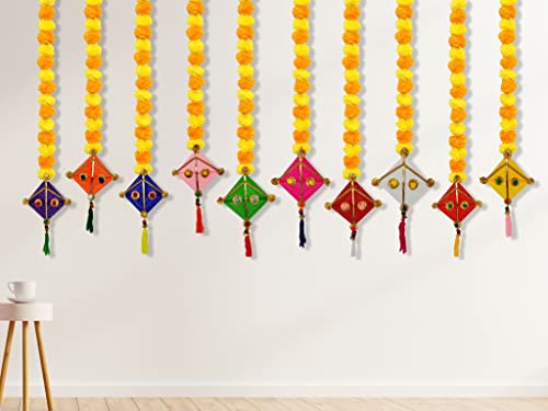 Handmade Artificial Marigold Fluffy Flowers Colorful Woolen Kite Hanging for Home/Office/Hall Decoration Wedding/Event/Party/Haldi/Anniversary/Theme/Birthday Party/Celebration (Pack of 10)