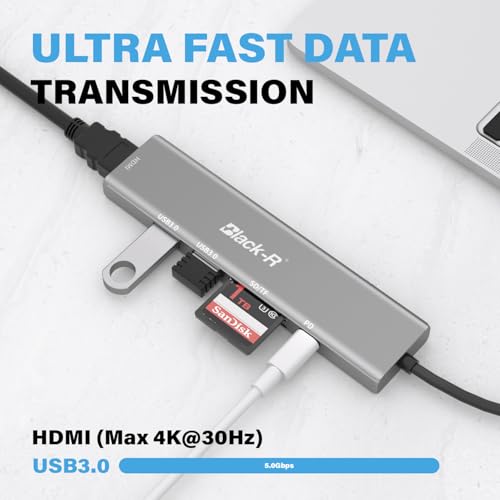 Image of Black-R 6-in-1 USB C Hub Docking Station, 4K HDMI, 100W Power Delivery, 5Gbps Dual USB 3.0 Ports, TF /Micro SD Card Reader, Aluminium Multiport Adapter for Laptop /MacBook /Windows /Linux
