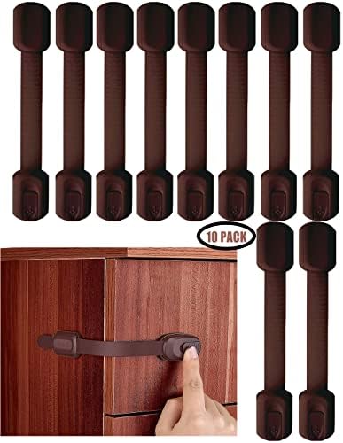 NVHSAL Baby Proofing Cabinet Lock 10 Pack Brown Child Safety Latches with 3M Adhesive, No Drilling Childproofing Strap Locks for Cabinets, Oven, Fridge, Drawers, Dishwasher, Toilet Seat, Dark